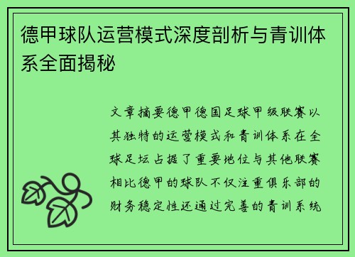 德甲球队运营模式深度剖析与青训体系全面揭秘